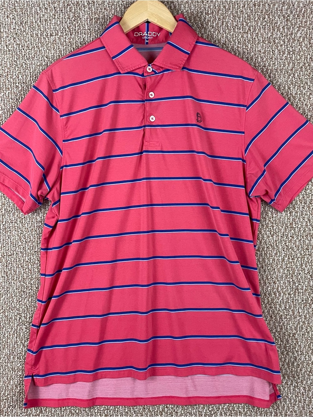 B Draddy Polo Shirt Mens Medium Red Blue Striped Poly Spandex Stretch Golf E10